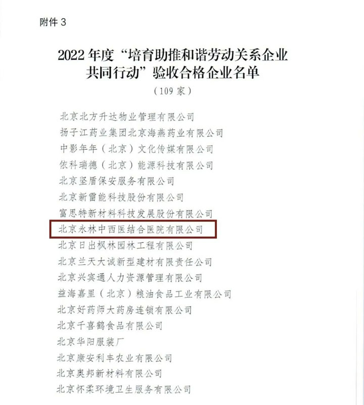 喜訊！北京永林醫院被評為北京市2022年“培育助推和諧勞動關系企業共同行動”驗收合格企業